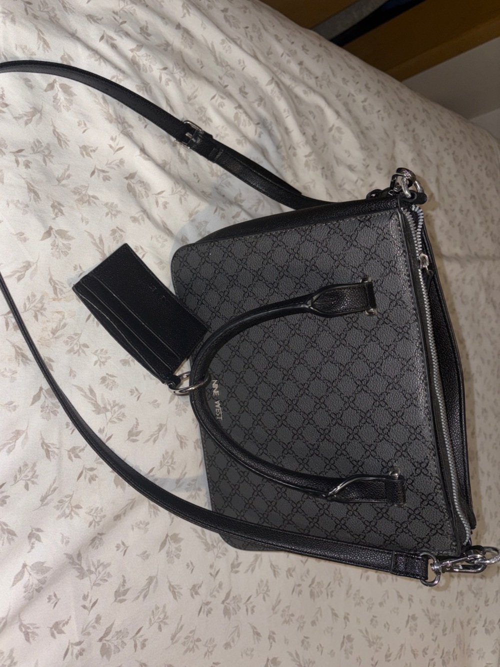 Nine West Black Gray Monogram Satchel with Silver Hardware